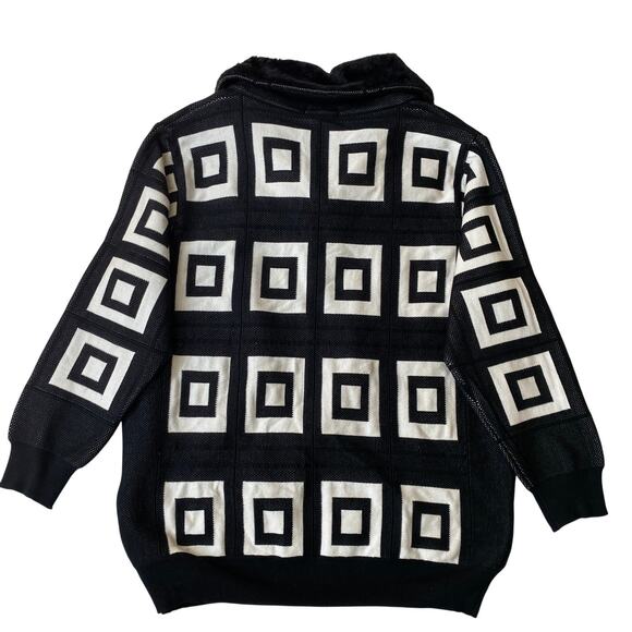 Y2K Silversilk Geometric Zip Up Cardigan Sweater Men 4XL Black White Faux Fur - Picture 2 of 8